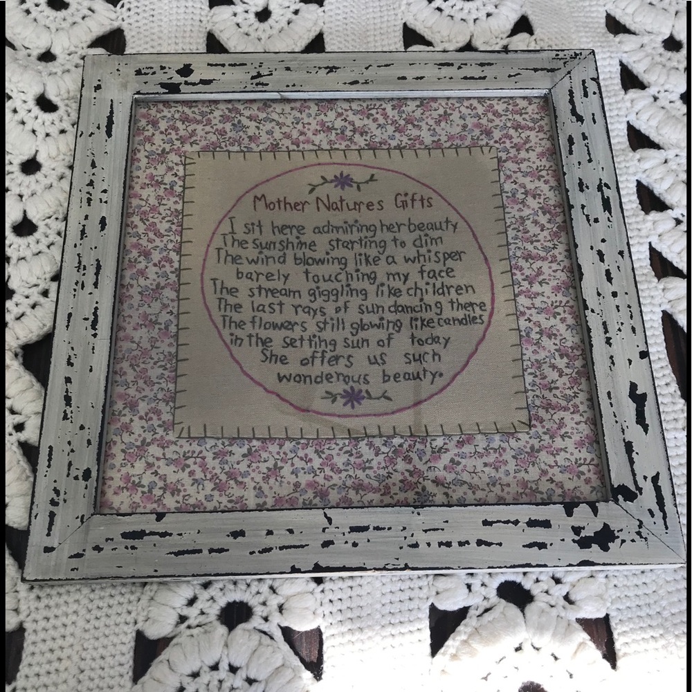 Vintage Framed Glass Embroidered Poem For Nature